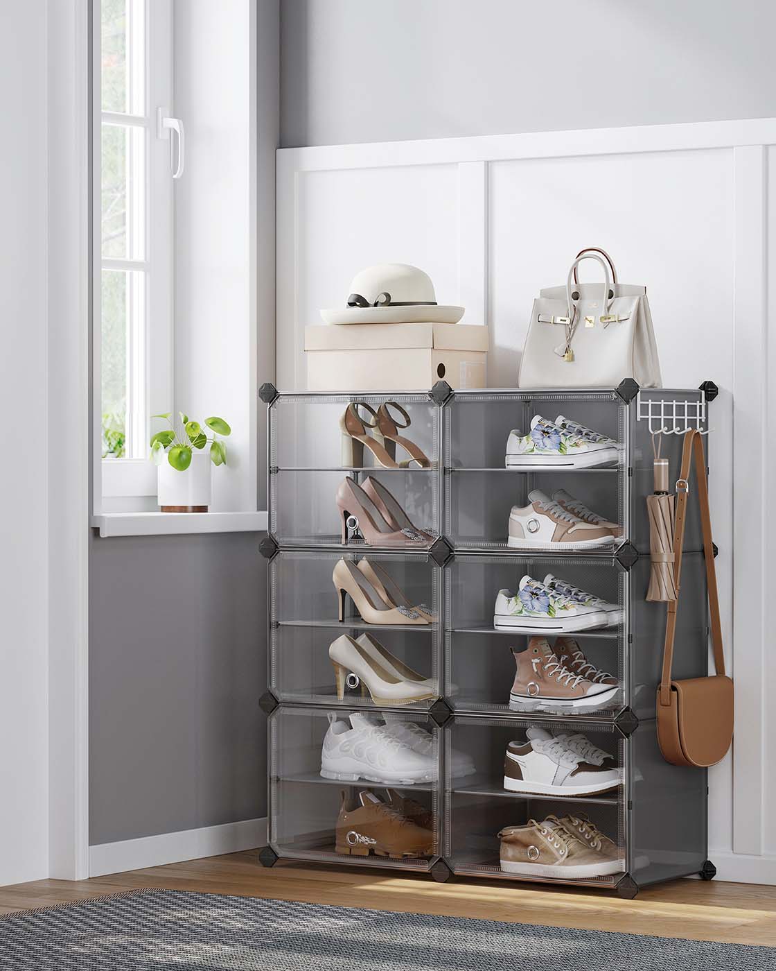 Shoe Rack – Plastic and Steel – Slate Grey – Interlocking 6-Slot Storage Unit with Doors