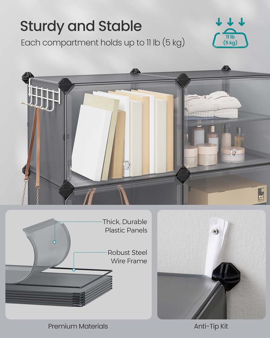 Shoe Rack – Plastic and Steel – Slate Grey – Interlocking 6-Slot Storage Unit with Doors