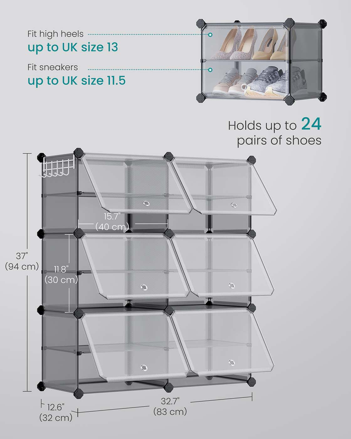 Shoe Rack – Plastic and Steel – Slate Grey – Interlocking 6-Slot Storage Unit with Doors