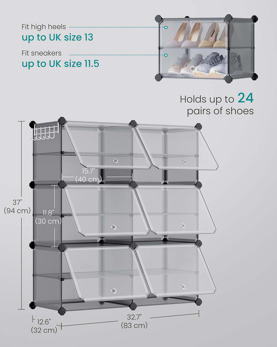 Shoe Rack – Plastic and Steel – Slate Grey – Interlocking 6-Slot Storage Unit with Doors