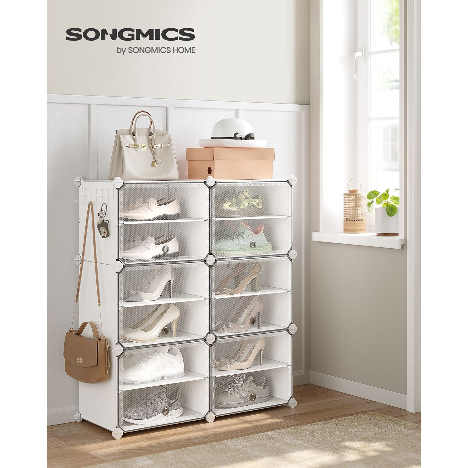 Shoe Rack – Plastic and Steel – White and Black – 6-Slot Modular Design with Doors