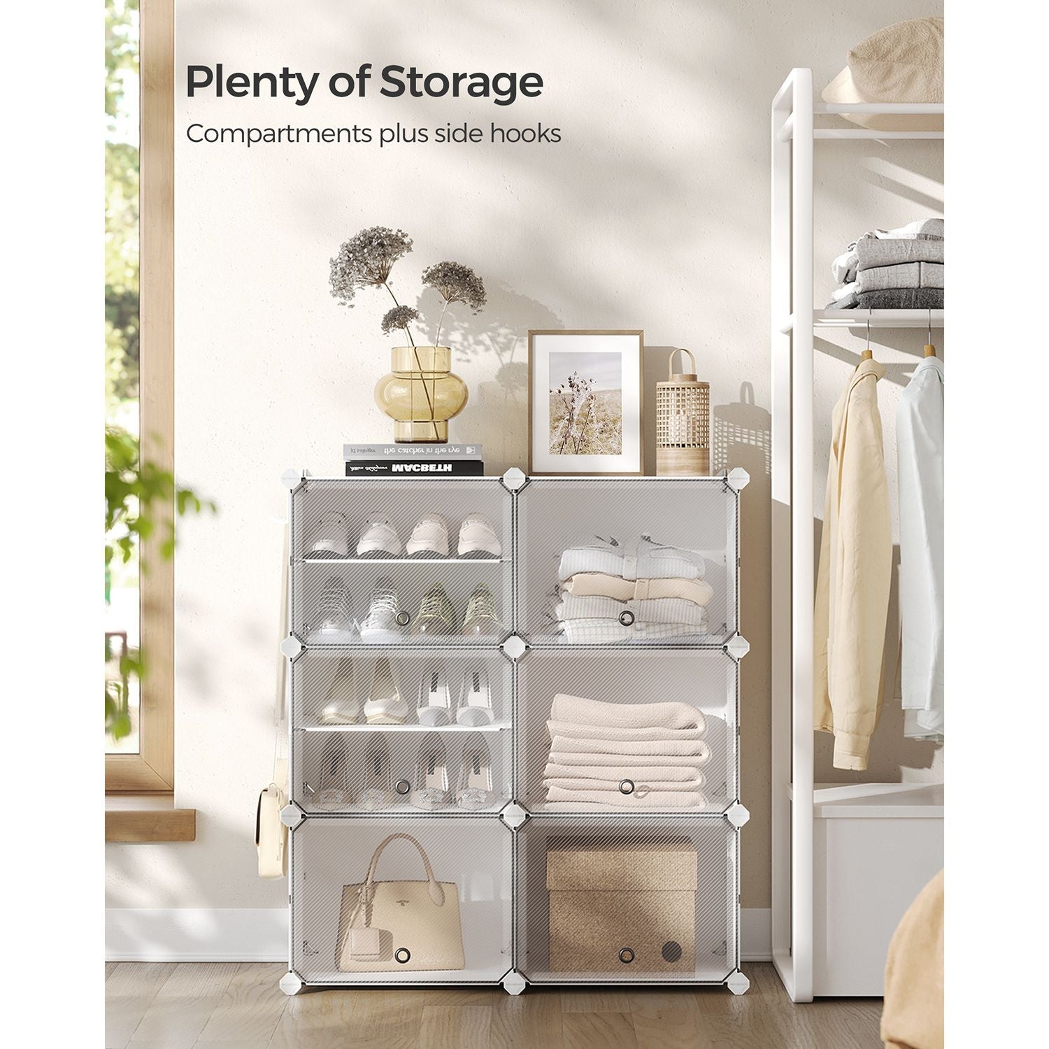 Shoe Rack – Plastic and Steel – White and Black – 6-Slot Modular Design with Doors