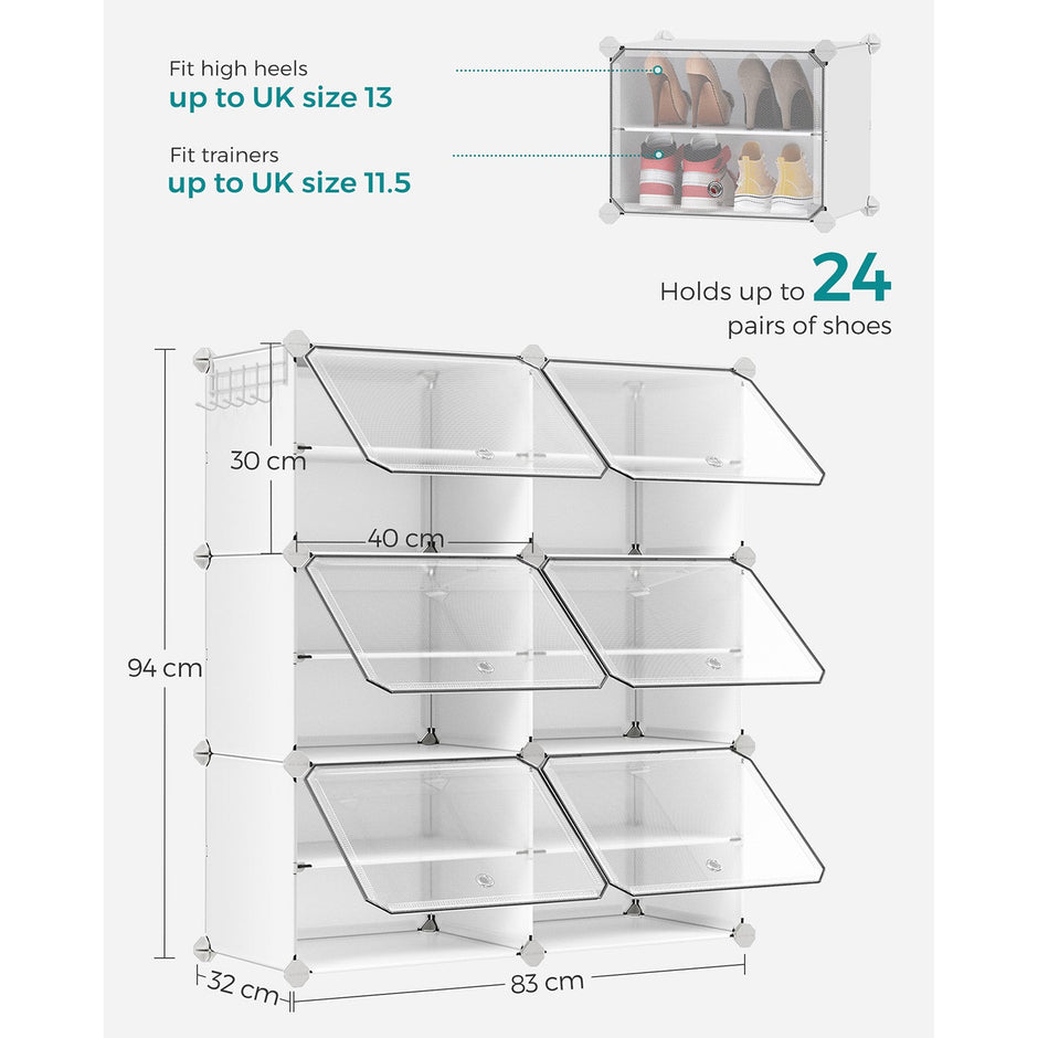 Shoe Rack – Plastic and Steel – White and Black – 6-Slot Modular Design with Doors