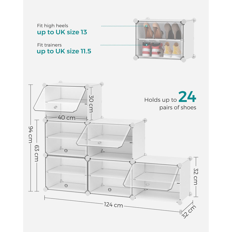 Shoe Rack – Plastic and Steel – White and Black – 6-Slot Modular Design with Doors