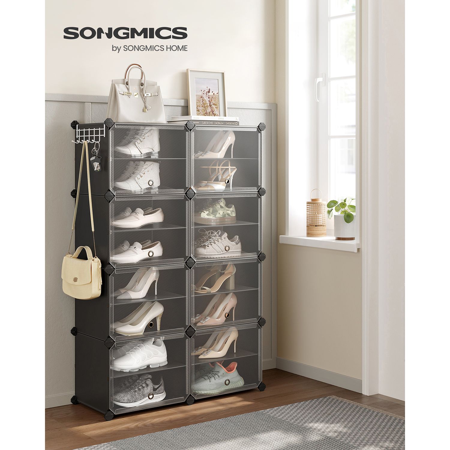 Modular Shoe Storage Cabinet – Plastic and Steel – Black – 8-Slot with Doors