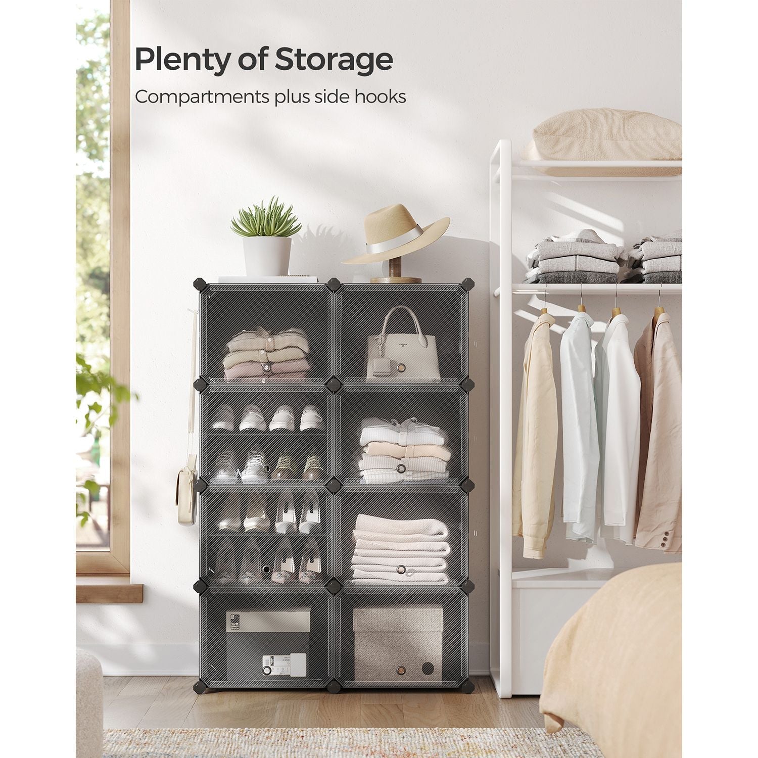 Modular Shoe Storage Cabinet – Plastic and Steel – Black – 8-Slot with Doors