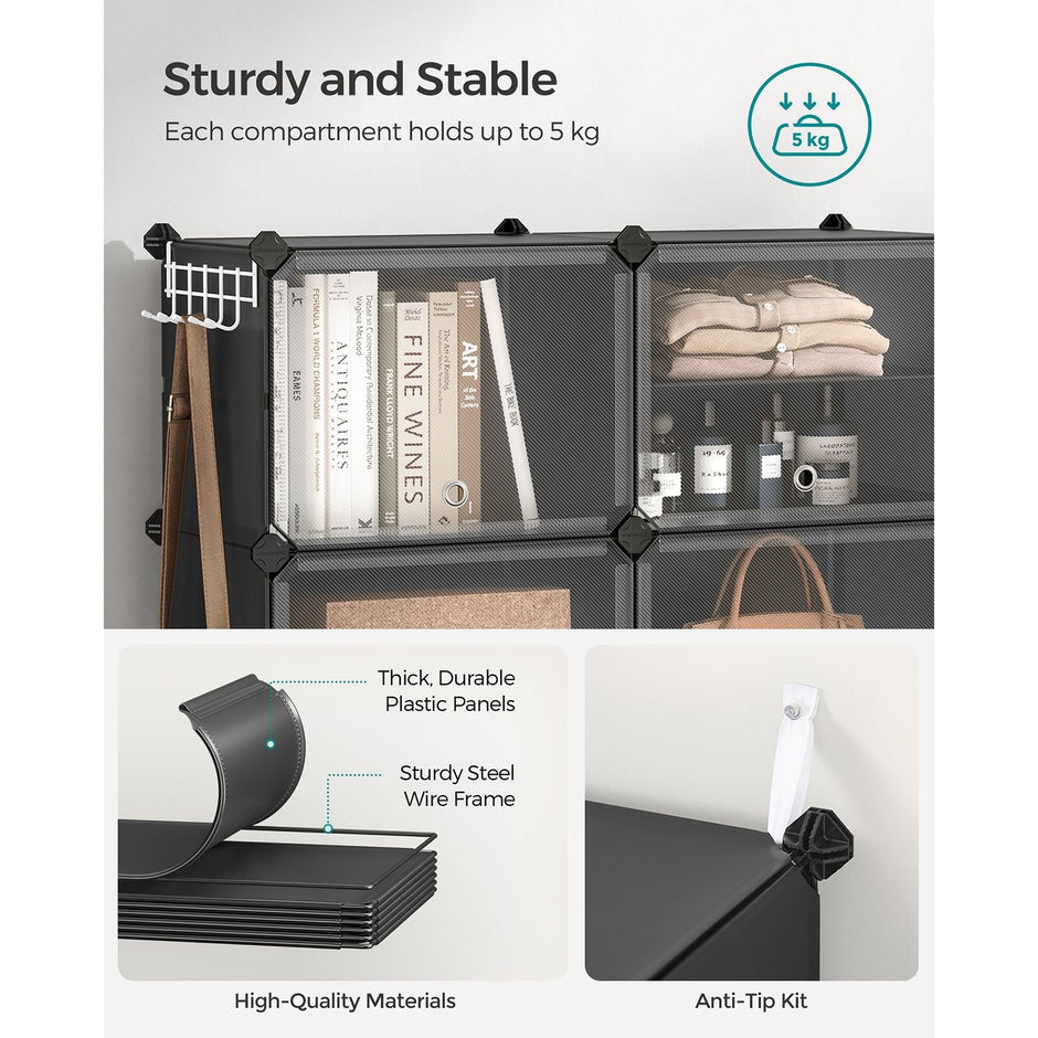 Modular Shoe Storage Cabinet – Plastic and Steel – Black – 8-Slot with Doors