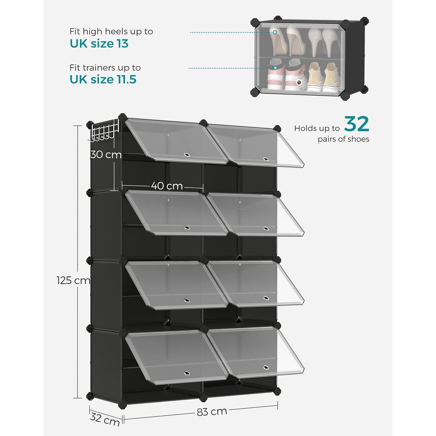 Modular Shoe Storage Cabinet – Plastic and Steel – Black – 8-Slot with Doors