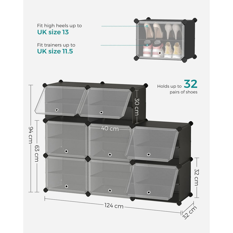 Modular Shoe Storage Cabinet – Plastic and Steel – Black – 8-Slot with Doors