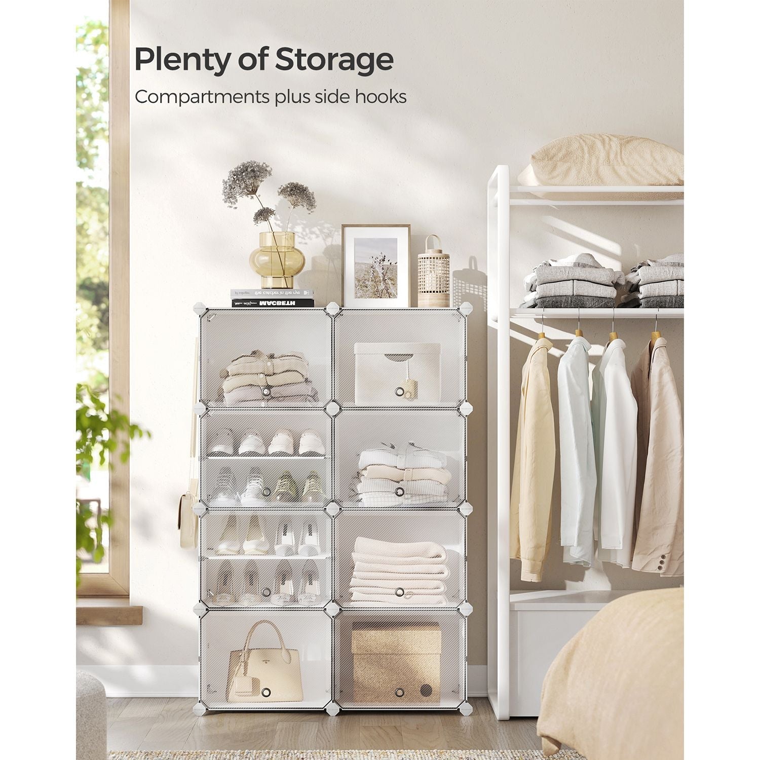 Modular Shoe Storage Cabinet – Plastic and Steel – White – 8-Slot Design with Doors