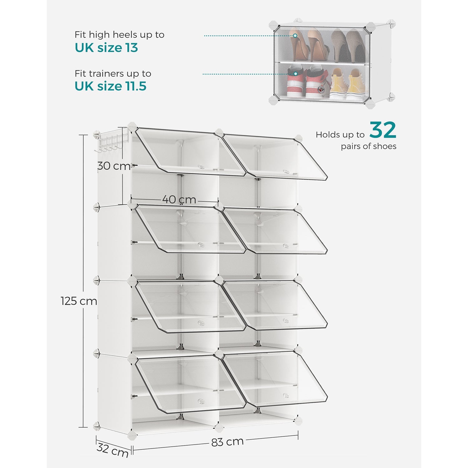 Modular Shoe Storage Cabinet – Plastic and Steel – White – 8-Slot Design with Doors