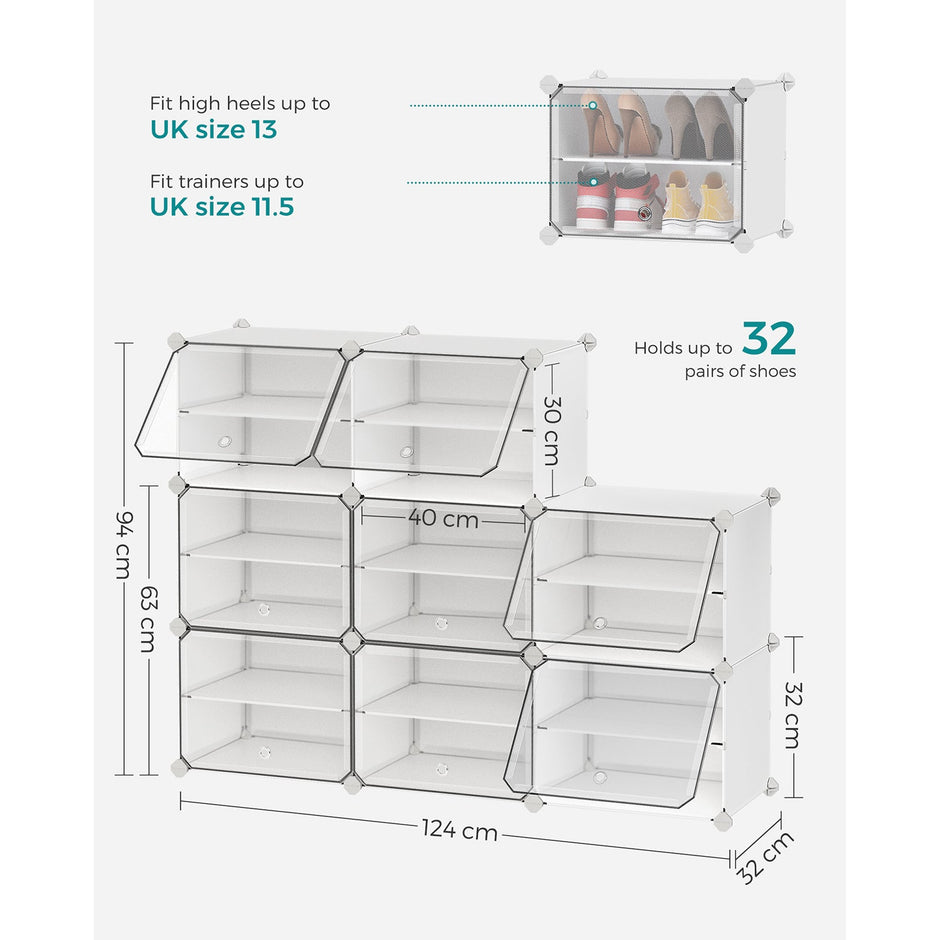 Modular Shoe Storage Cabinet – Plastic and Steel – White – 8-Slot Design with Doors