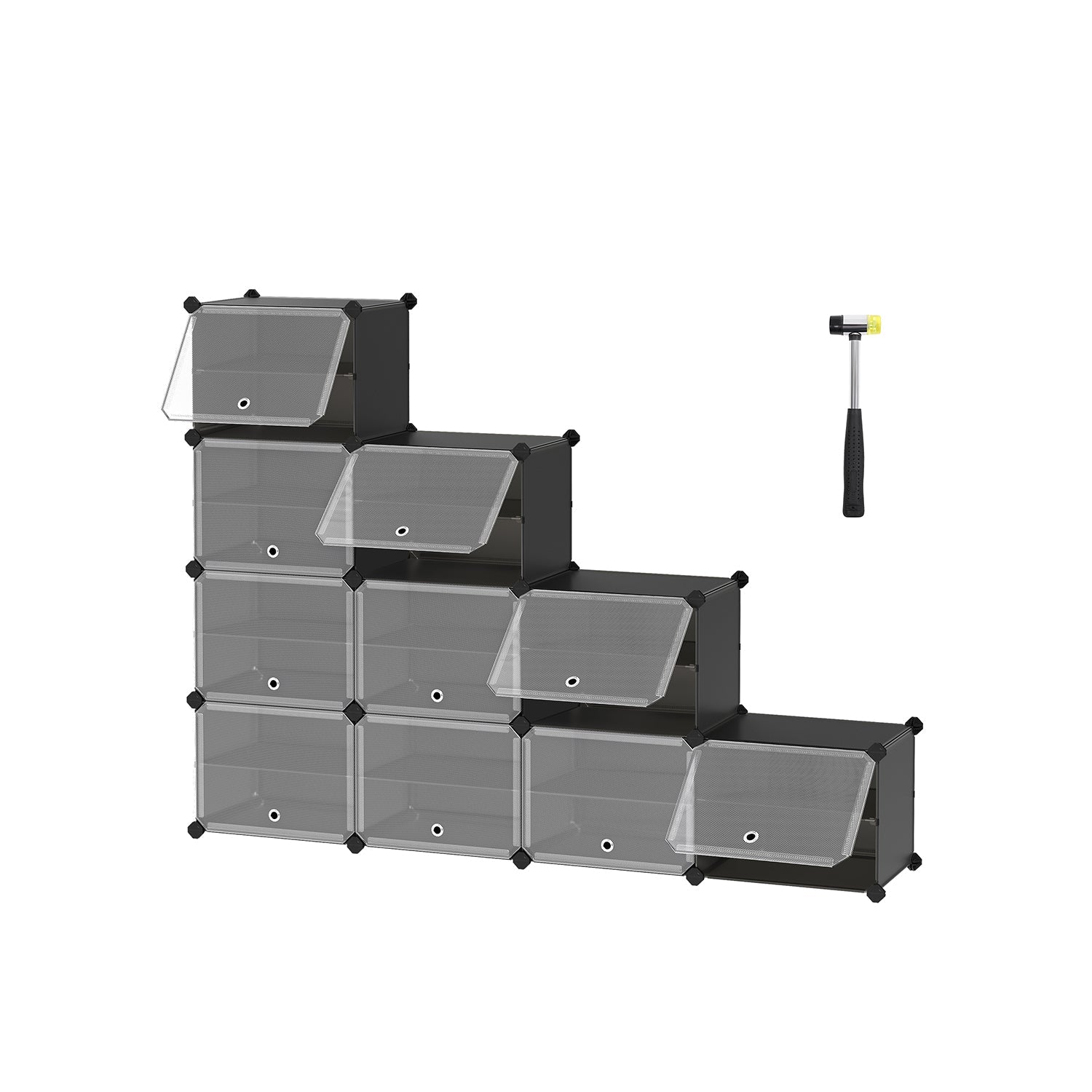 Modular Shoe Rack – Plastic and Steel – Black – 10-Slot Interlocking Design with Doors