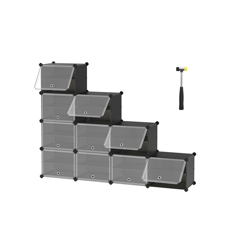 Modular Shoe Rack – Plastic and Steel – Black – 10-Slot Interlocking Design with Doors