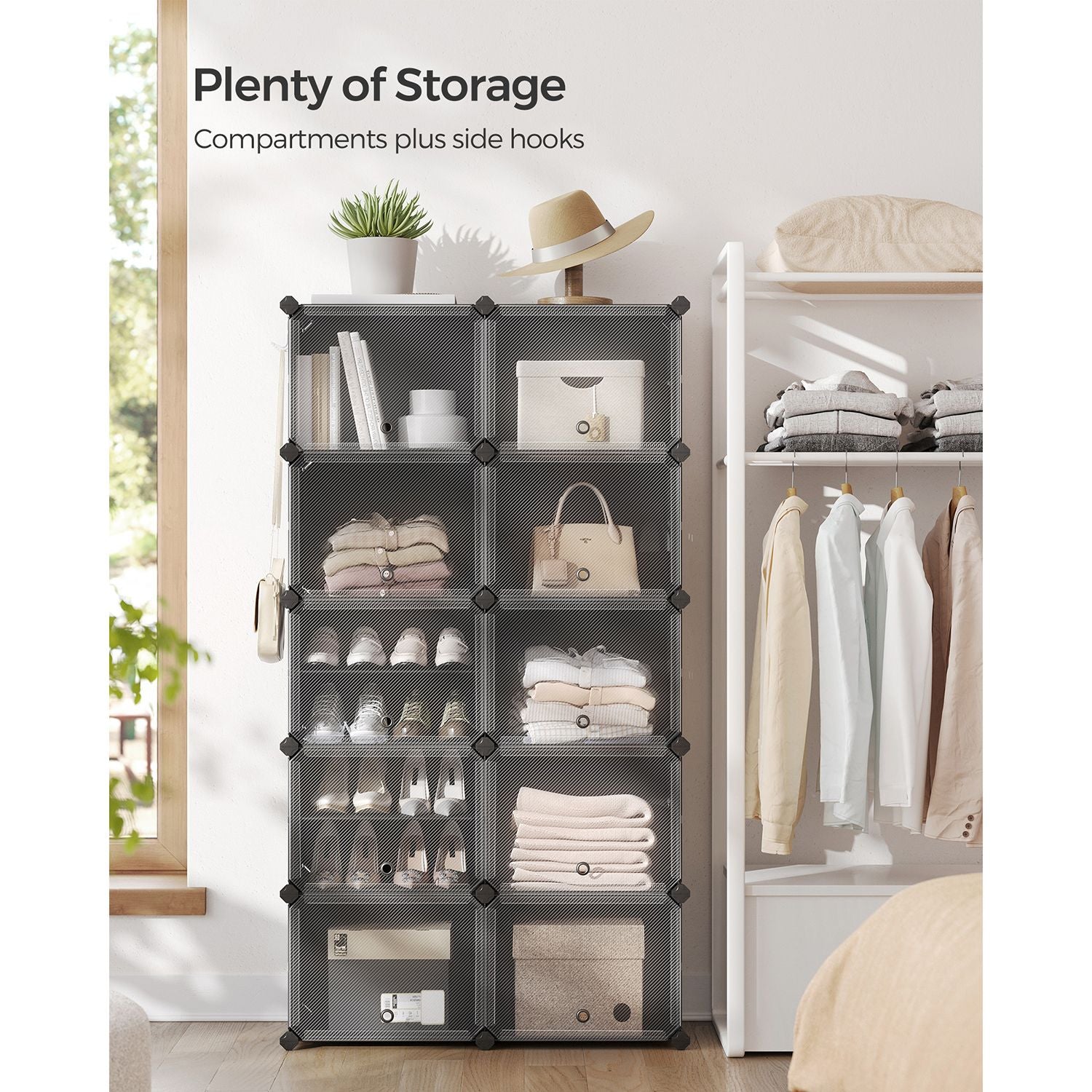 Modular Shoe Rack – Plastic and Steel – Black – 10-Slot Interlocking Design with Doors