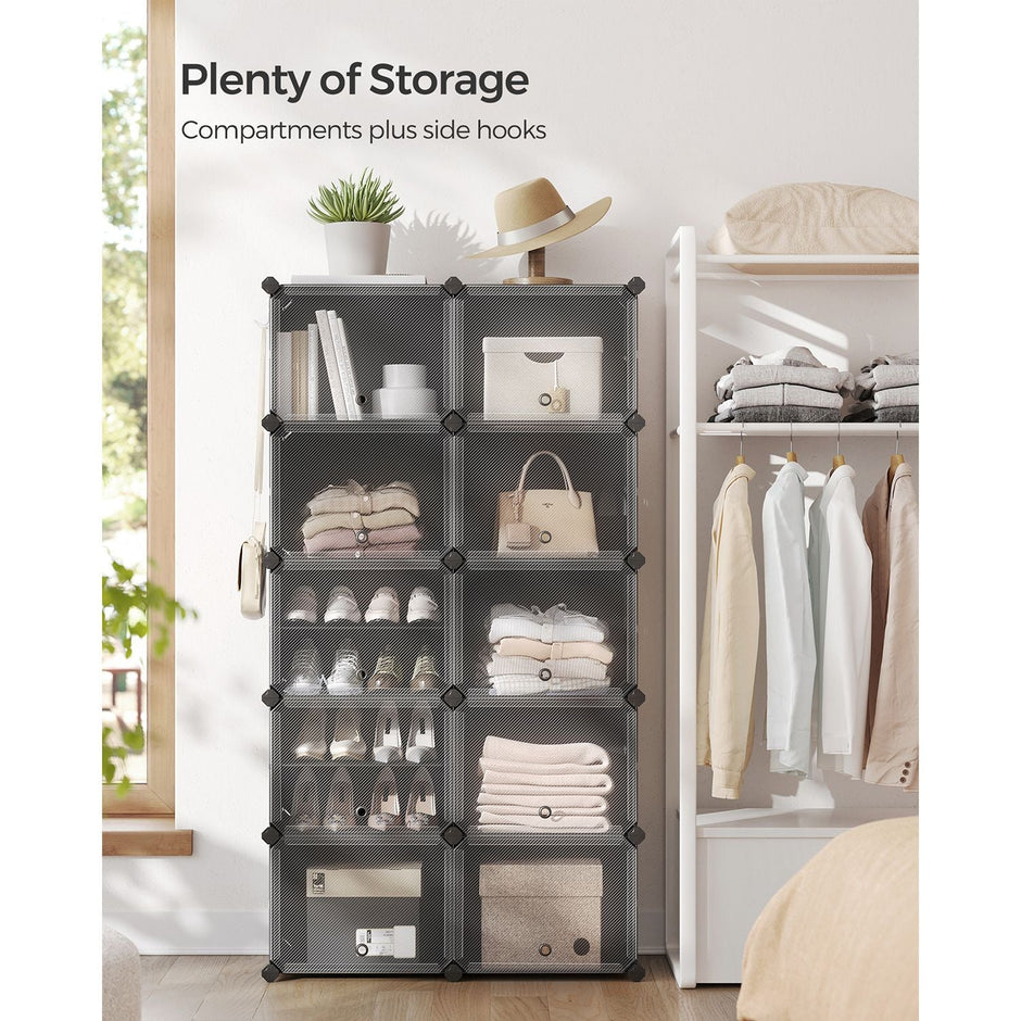 Modular Shoe Rack – Plastic and Steel – Black – 10-Slot Interlocking Design with Doors