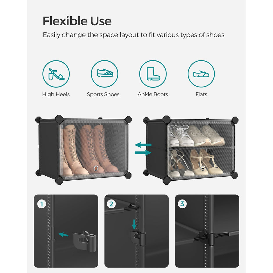 Modular Shoe Rack – Plastic and Steel – Black – 10-Slot Interlocking Design with Doors