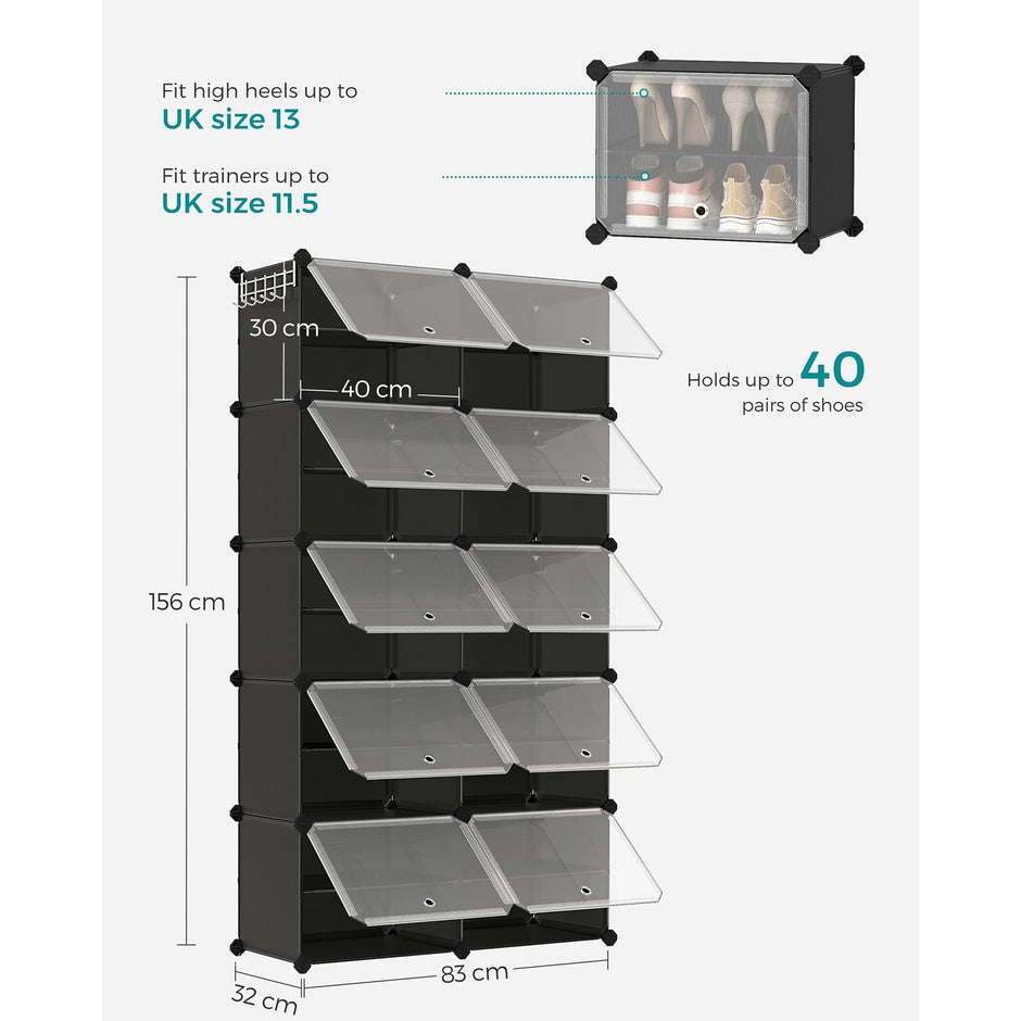 Modular Shoe Rack – Plastic and Steel – Black – 10-Slot Interlocking Design with Doors