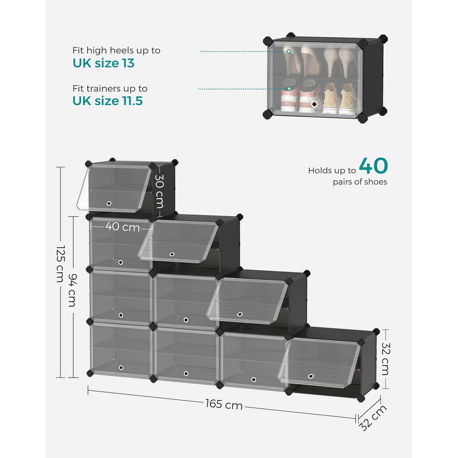 Modular Shoe Rack – Plastic and Steel – Black – 10-Slot Interlocking Design with Doors