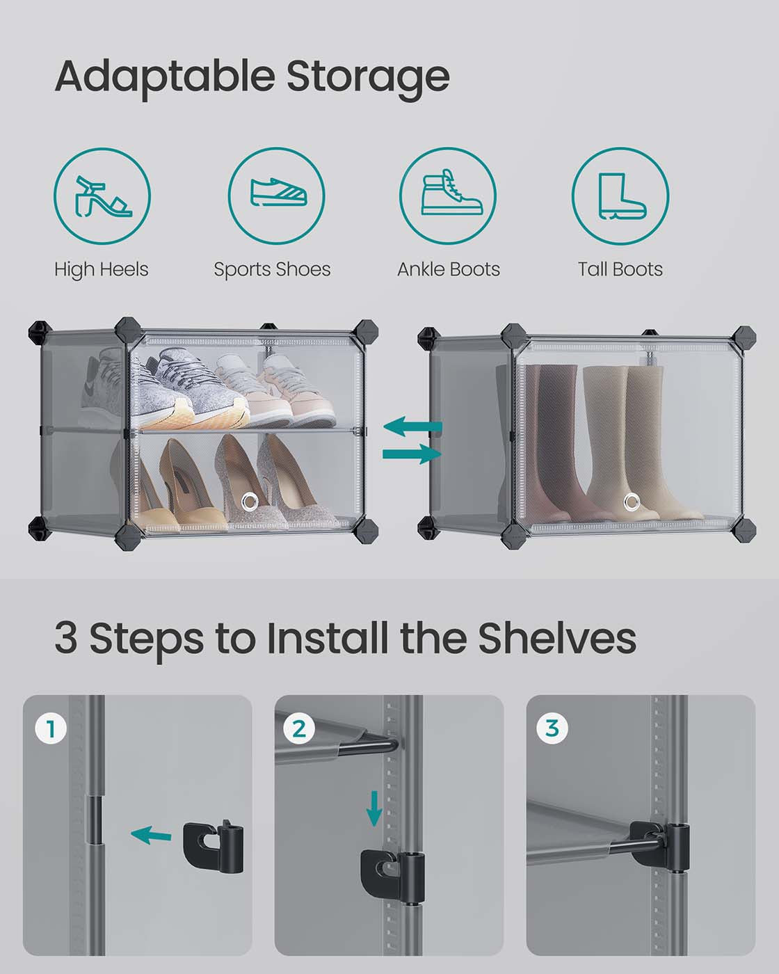 Modular Shoe Rack – Steel and Plastic – Slate Grey – 10-Slot Design with Doors