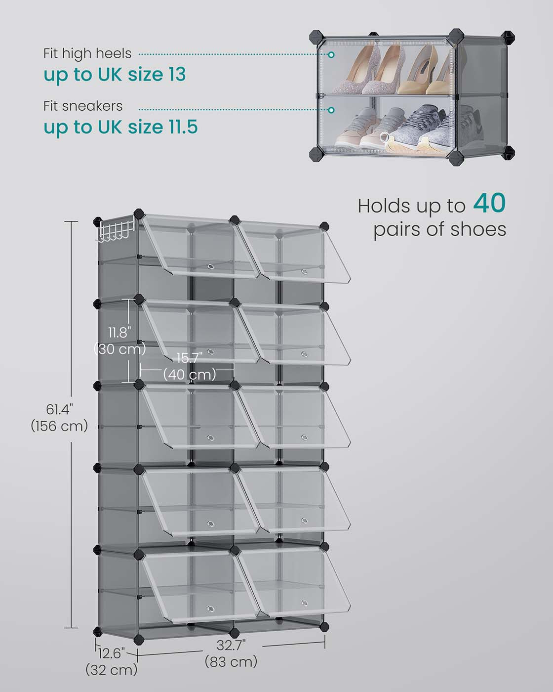 Modular Shoe Rack – Steel and Plastic – Slate Grey – 10-Slot Design with Doors