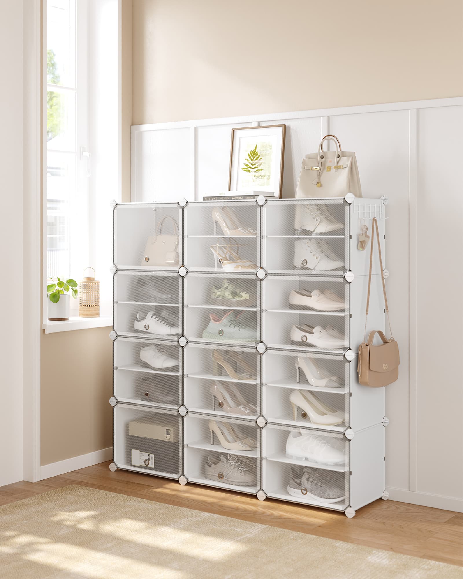 Interlocking Shoe Rack – Plastic – Cloud White – Modular 4-Slot Storage Unit with Doors