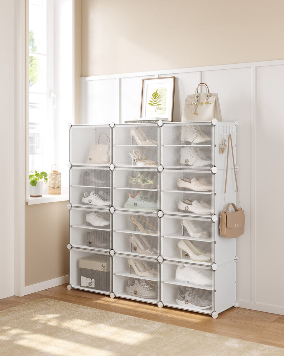 Interlocking Shoe Rack – Plastic – Cloud White – Modular 4-Slot Storage Unit with Doors