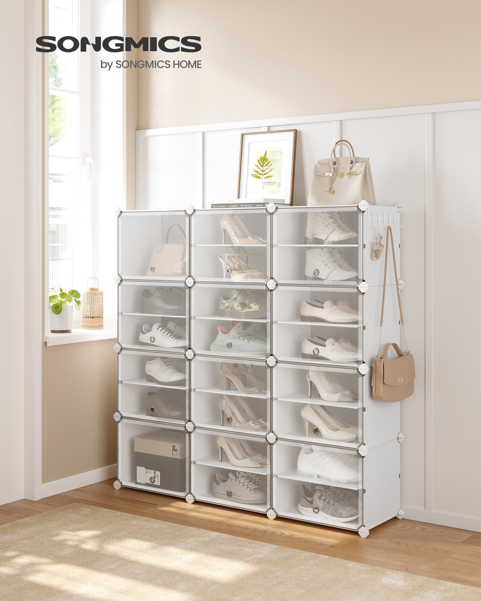 Interlocking Shoe Rack – Plastic – Cloud White – Modular 4-Slot Storage Unit with Doors