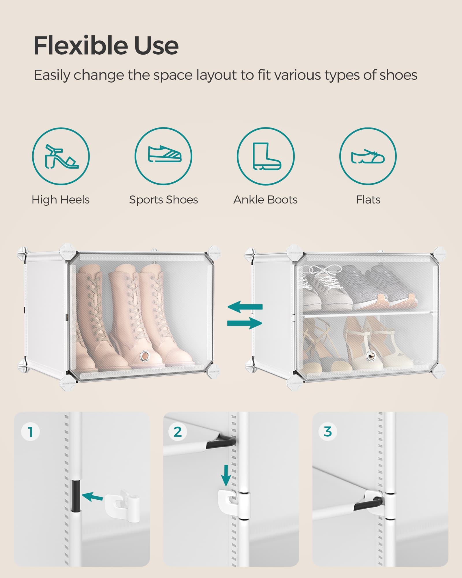 Interlocking Shoe Rack – Plastic – Cloud White – Modular 4-Slot Storage Unit with Doors