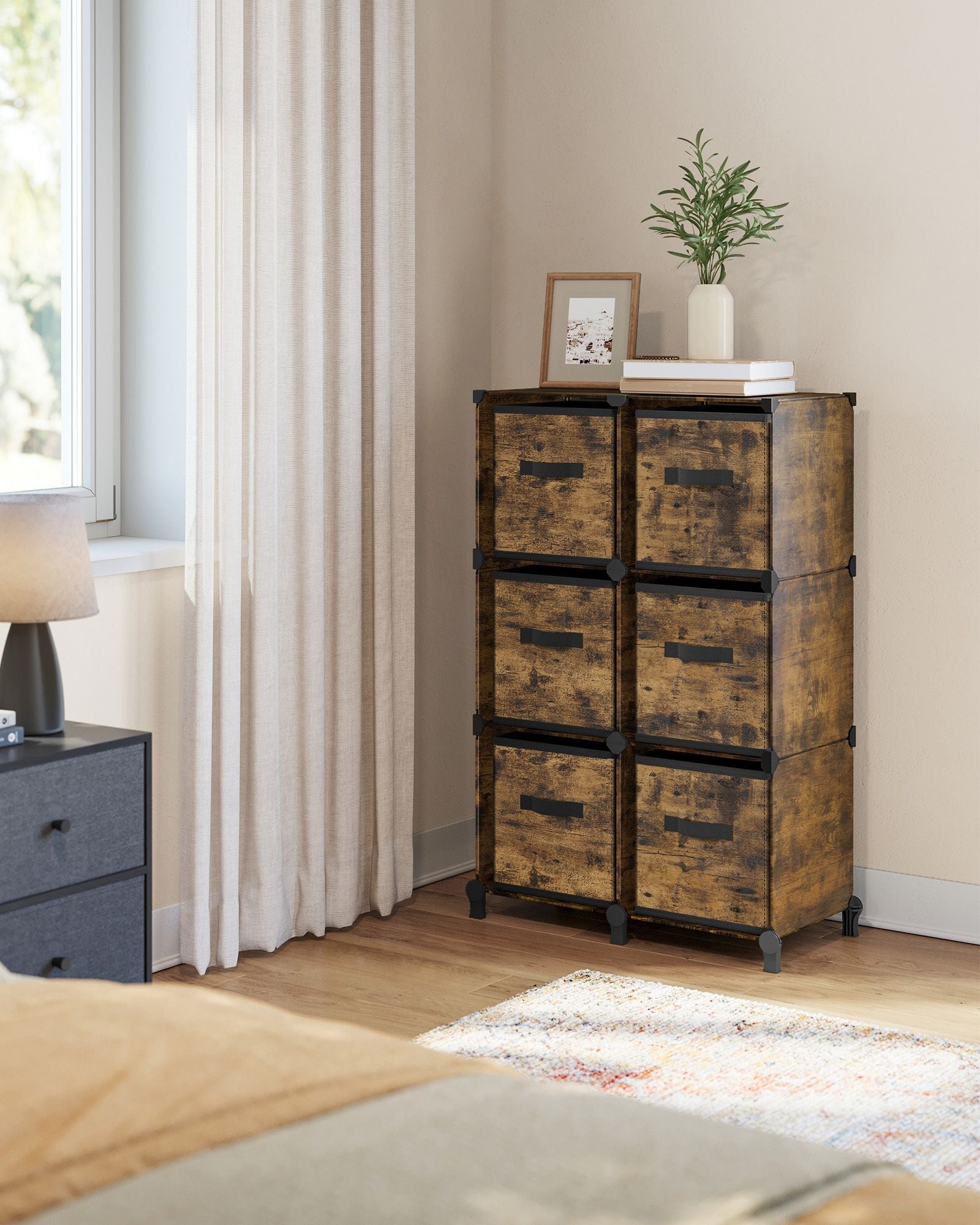 Cube Storage Organizer – Wood – Rustic Brown – 6 Non-Woven Fabric Storage Boxes