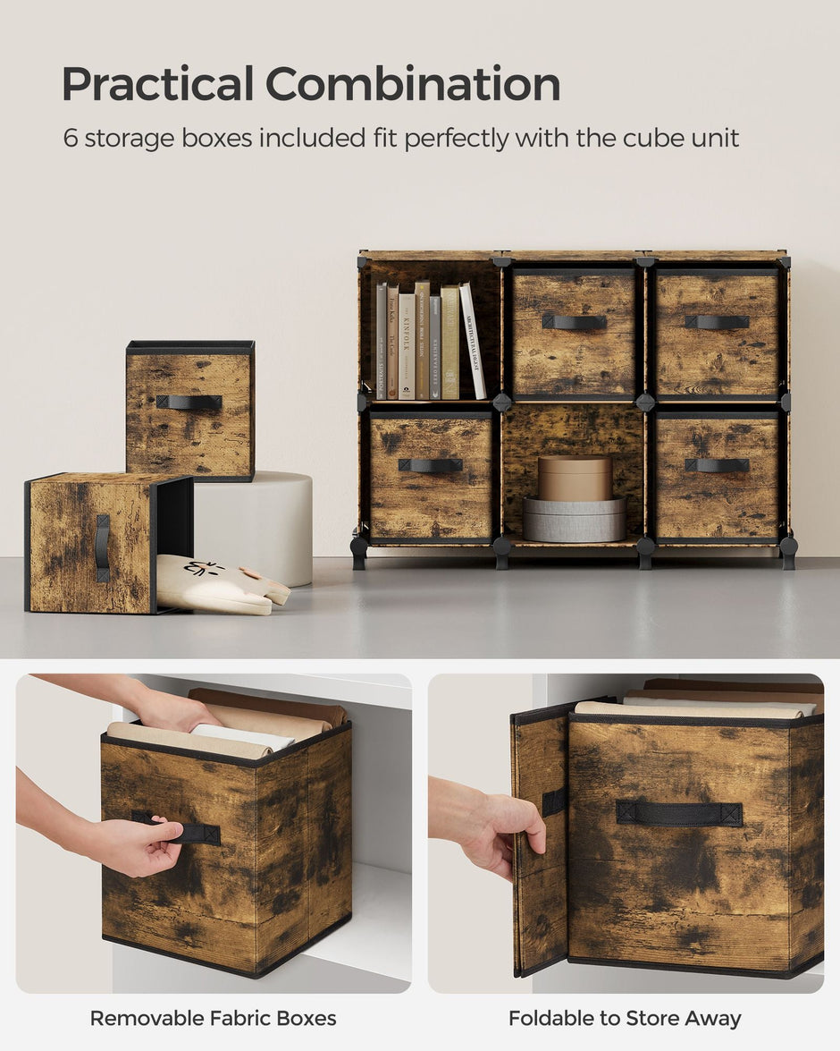 Cube Storage Organizer – Wood – Rustic Brown – 6 Non-Woven Fabric Storage Boxes