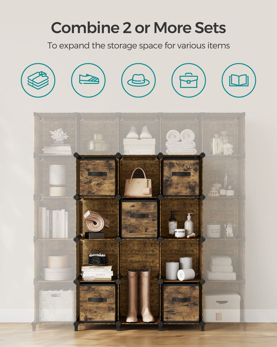 Cube Storage Organizer – Wood – Rustic Brown – 6 Non-Woven Fabric Storage Boxes