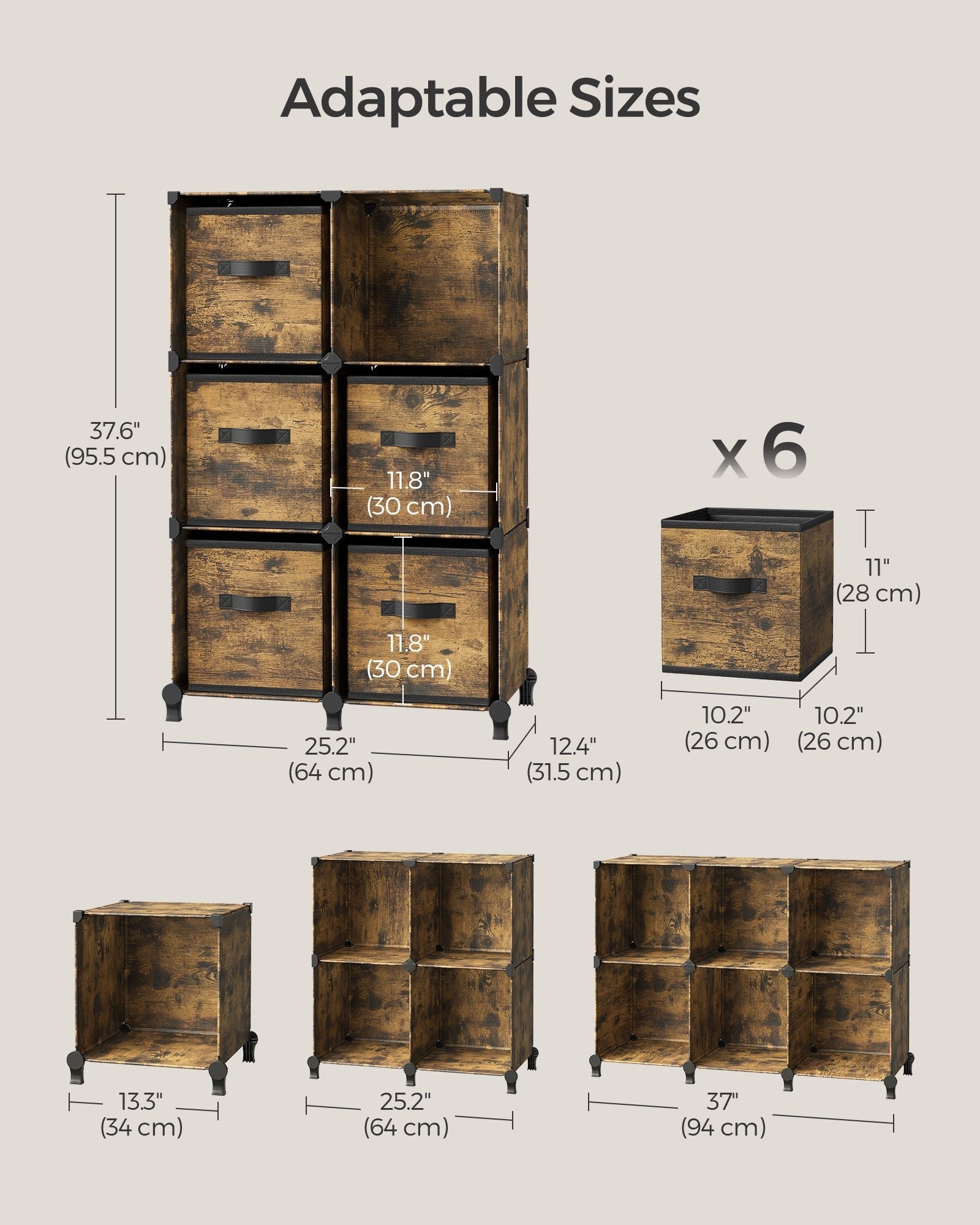 Cube Storage Organizer – Wood – Rustic Brown – 6 Non-Woven Fabric Storage Boxes