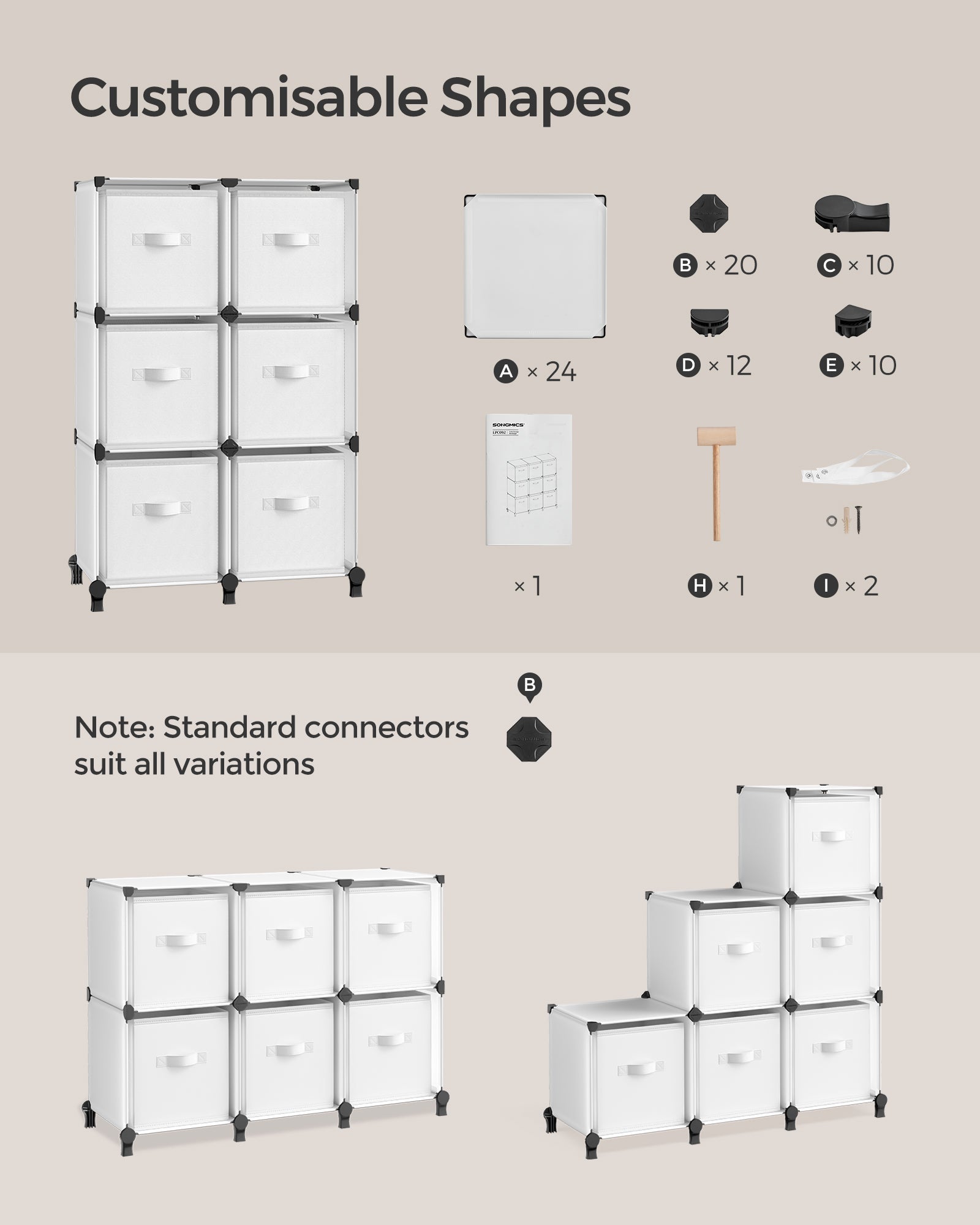 Cube Storage Organiser – Non-Woven Fabric – Cloud White – Customisable Shape with 6 Storage Boxes