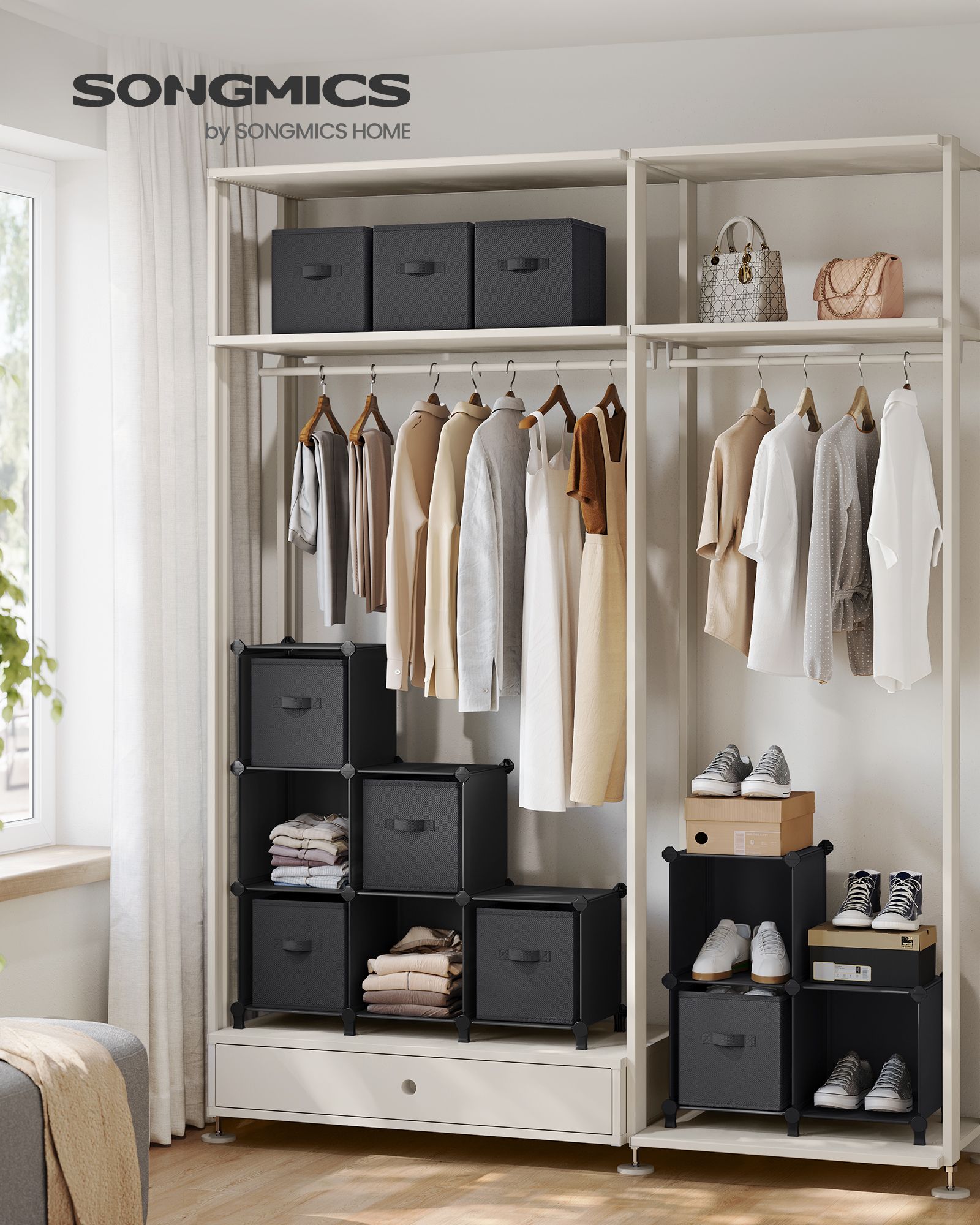 Cube Organizer – Non-Woven Fabric – Ink Black and Dove Grey – Customizable Shape with 9 Storage Boxes