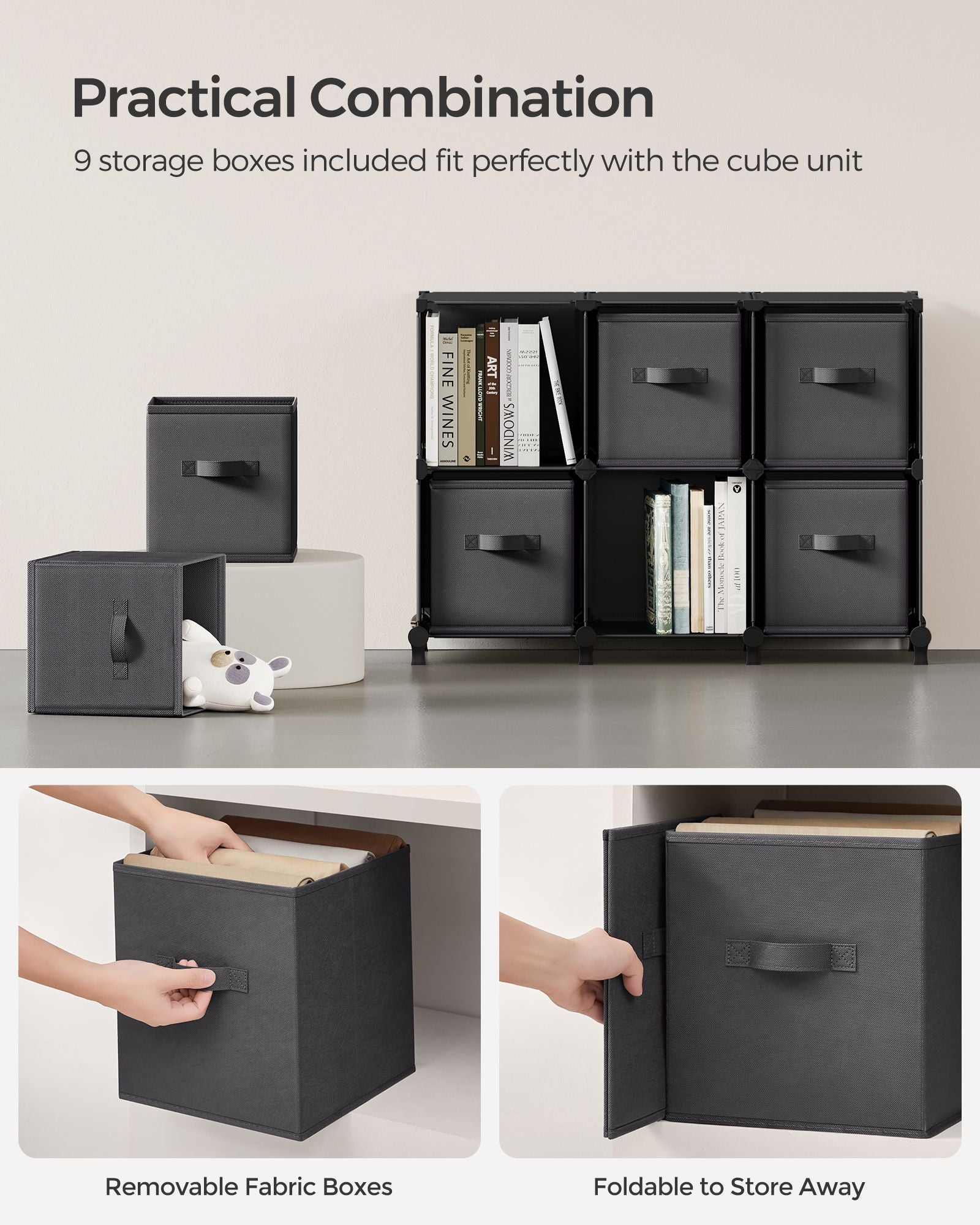 Cube Organizer – Non-Woven Fabric – Ink Black and Dove Grey – Customizable Shape with 9 Storage Boxes