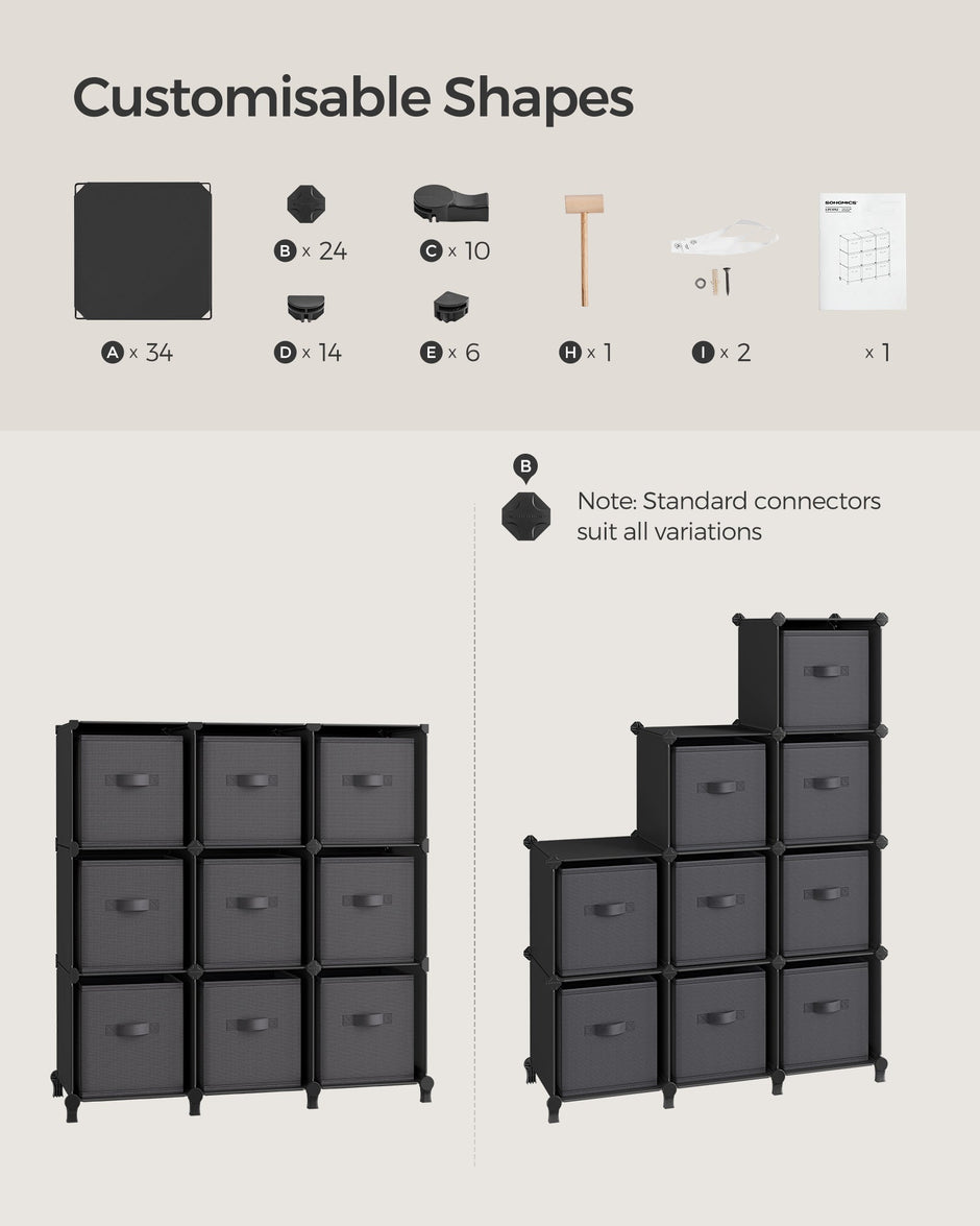 Cube Organizer – Non-Woven Fabric – Ink Black and Dove Grey – Customizable Shape with 9 Storage Boxes