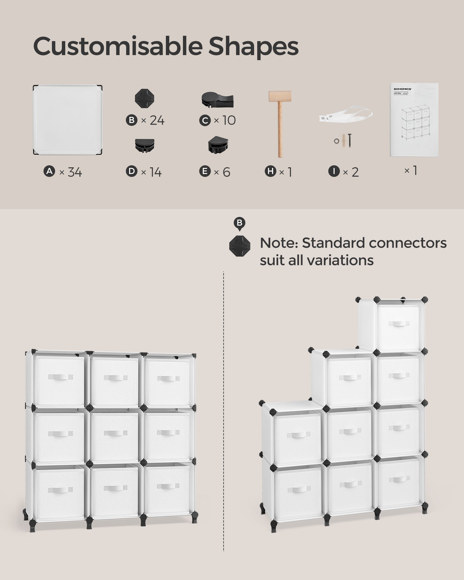 Cube Storage Organiser – Non-Woven Fabric – Cloud White – Customisable Shape with 9 Storage Boxes