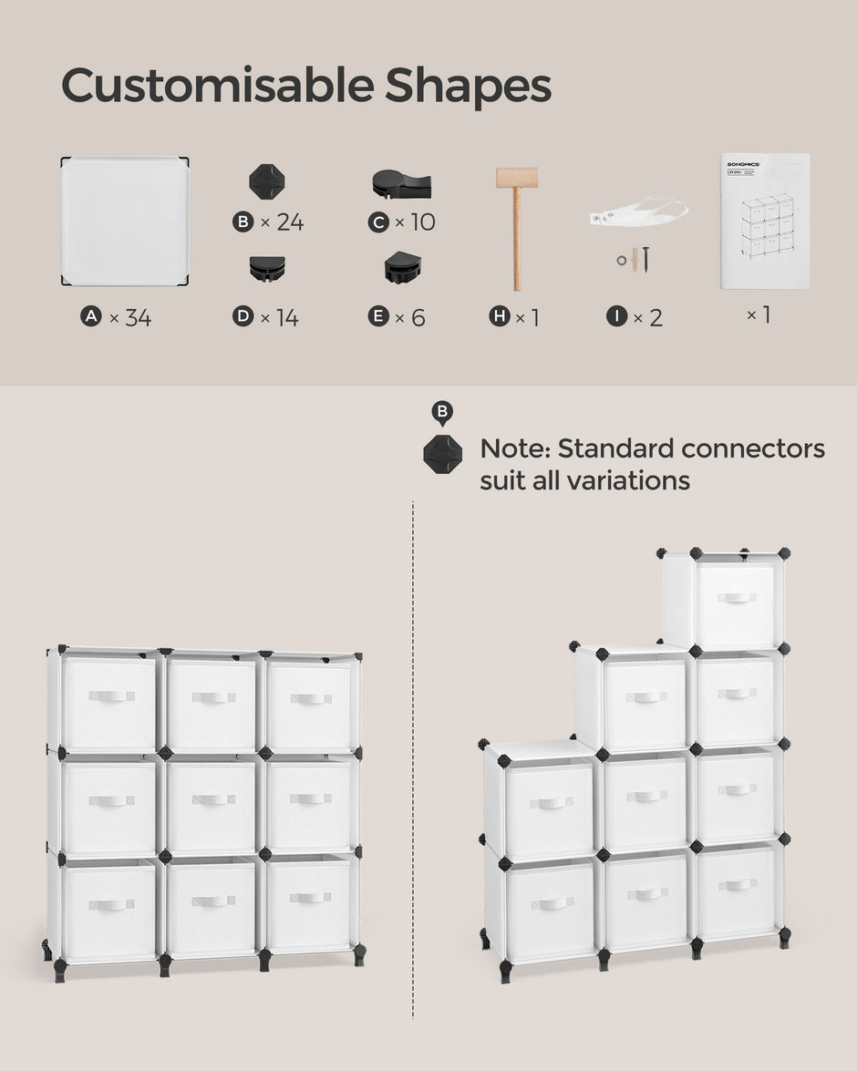 Cube Storage Organiser – Non-Woven Fabric – Cloud White – Customisable Shape with 9 Storage Boxes
