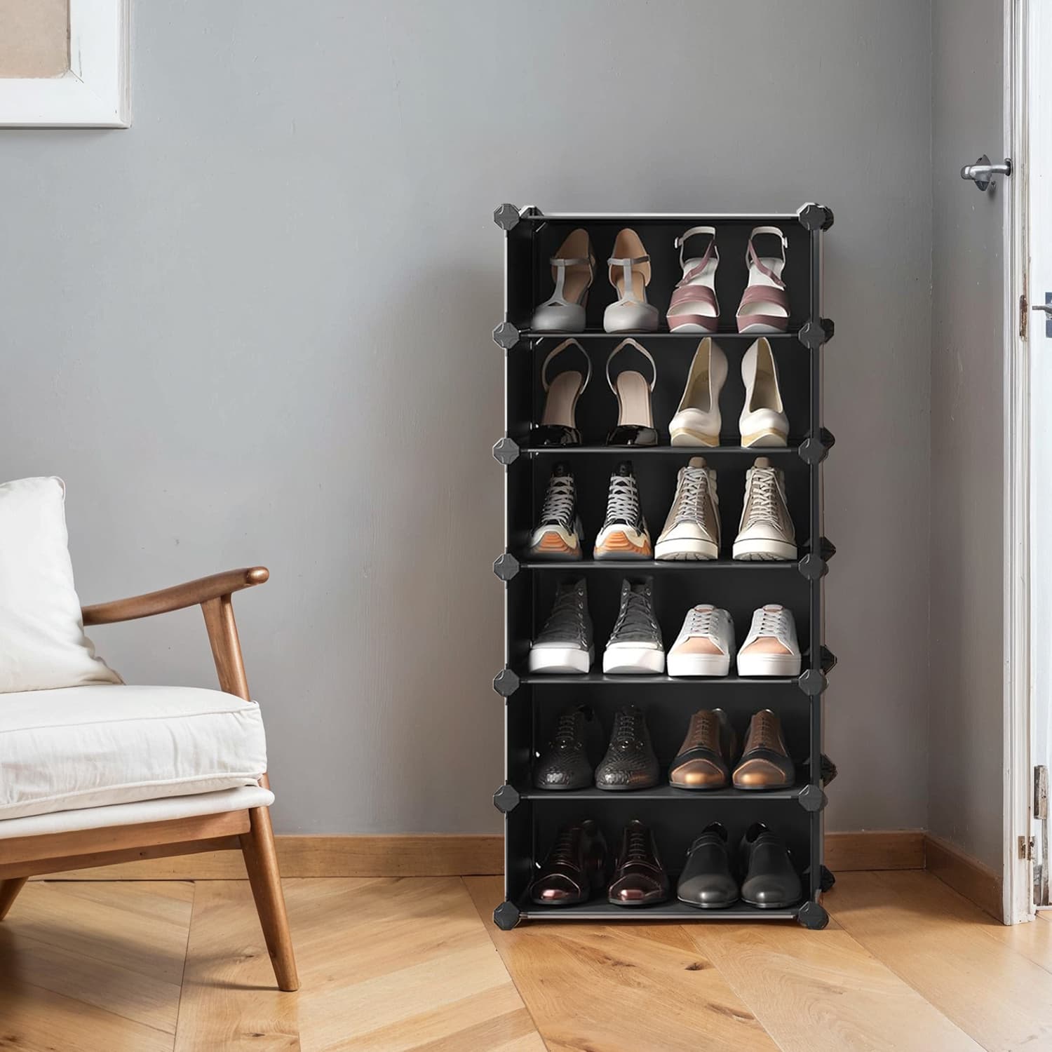 10-Tier Shoe Rack – Plastic – Black – Modular Storage Unit with Door