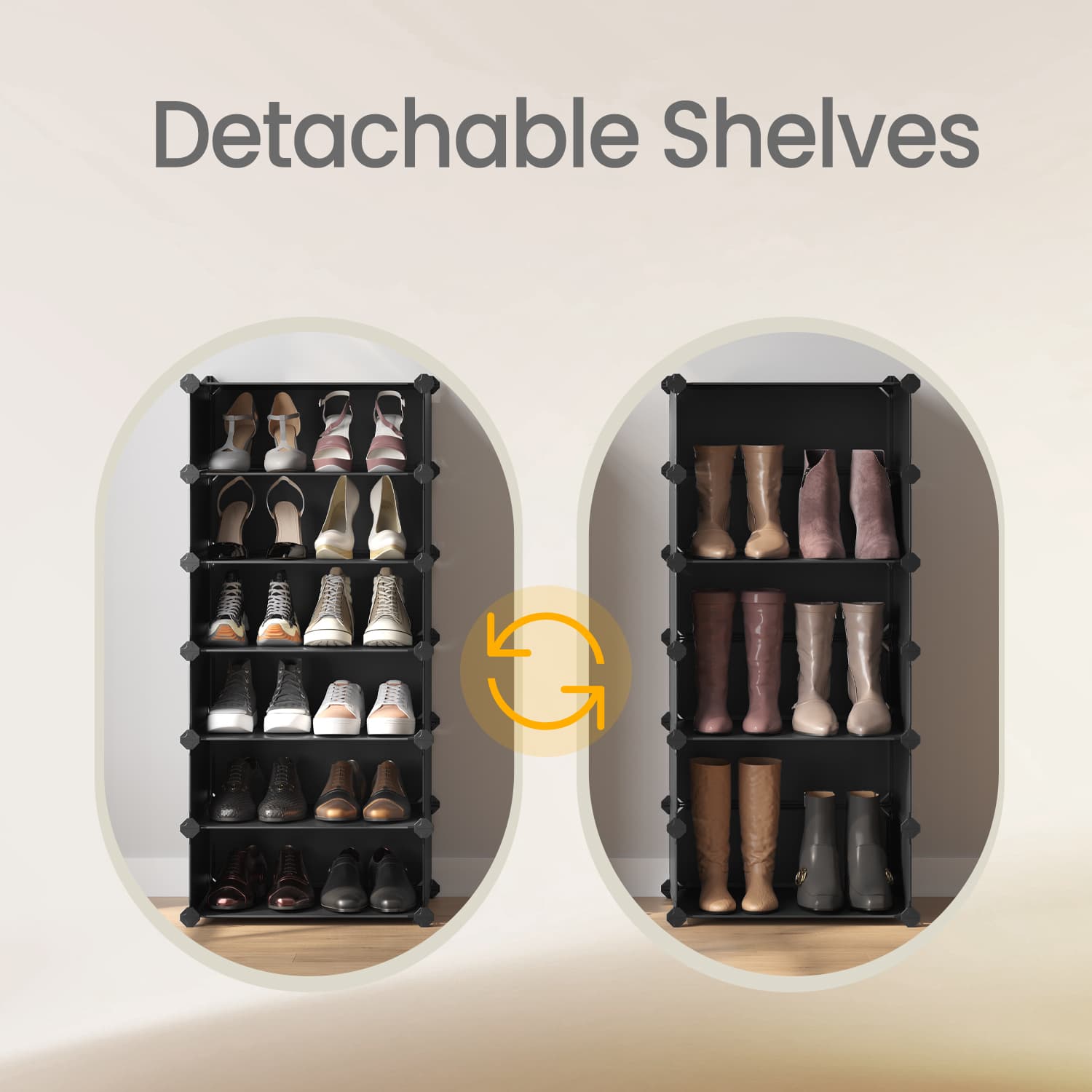 10-Tier Shoe Rack – Plastic – Black – Modular Storage Unit with Door