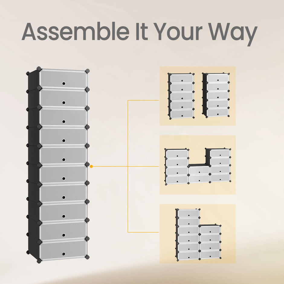 10-Tier Shoe Rack – Plastic – Black – Modular Storage Unit with Door