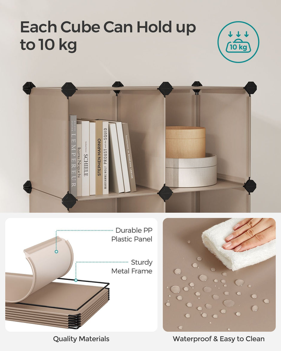 6 Cube Storage Unit – Plastic – Camel Brown – Versatile Organizer with Metal Grid