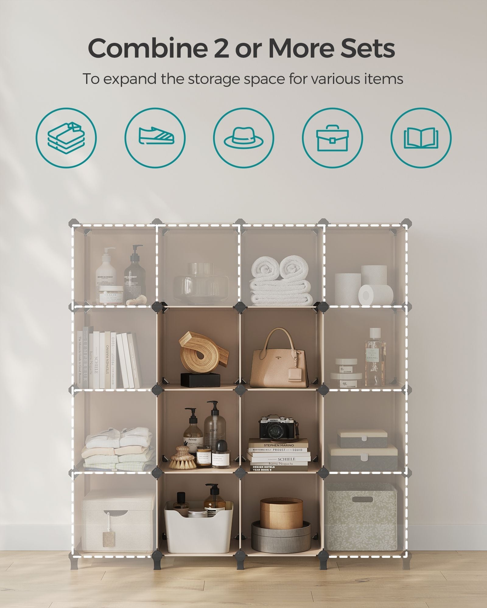 6 Cube Storage Unit – Plastic – Camel Brown – Versatile Organizer with Metal Grid