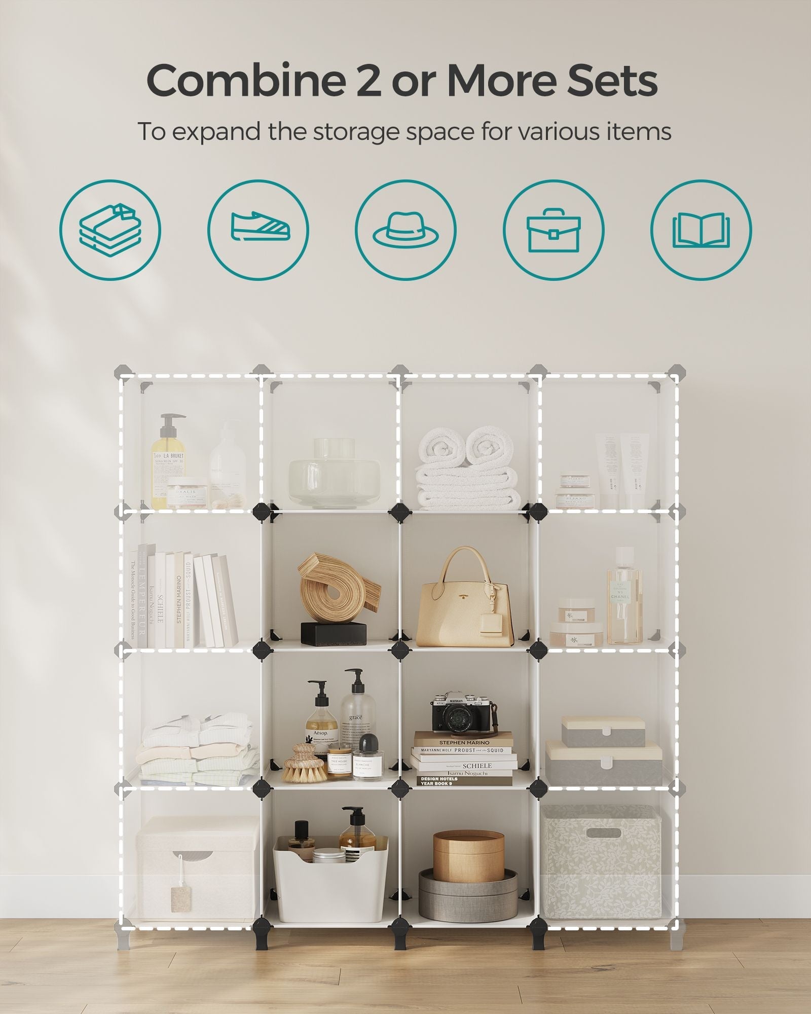 6 Cube Storage Unit – Plastic – Cream White – Multi-functional Organizer with Metal Grid