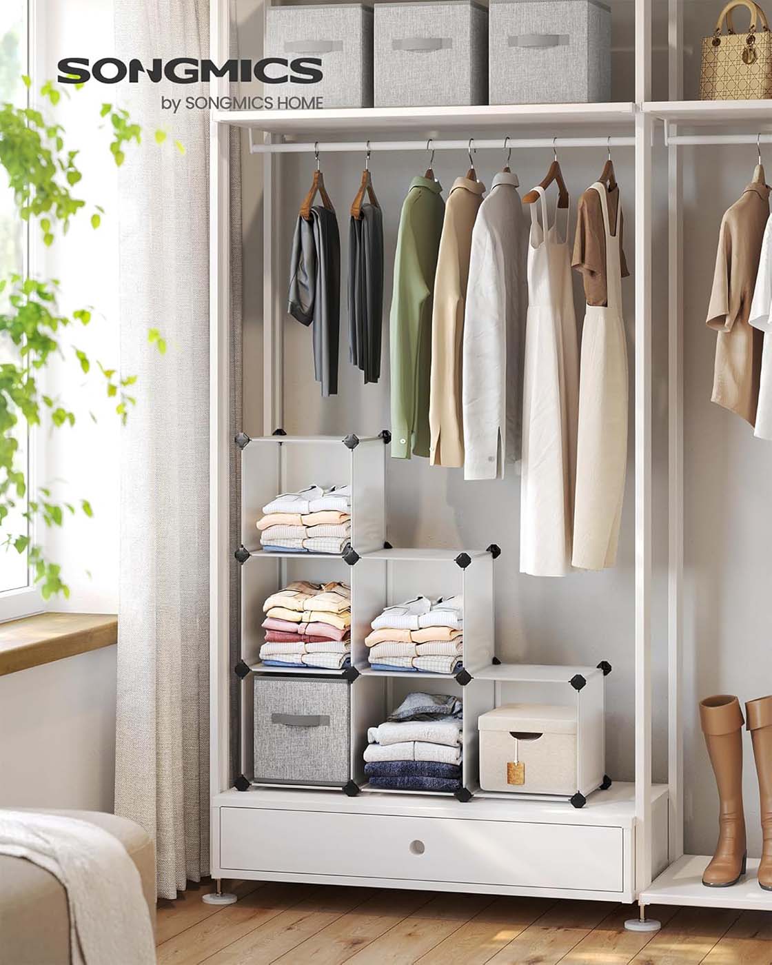 Folding Wardrobe Organiser – Plastic – Black – Large 6-Cube Storage System with Top Metal Grid