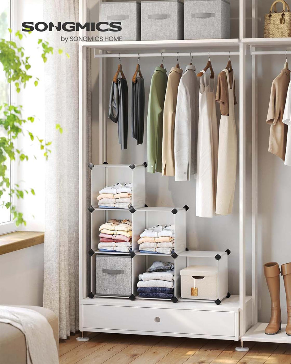 Folding Wardrobe Organiser – Plastic – Black – Large 6-Cube Storage System with Top Metal Grid