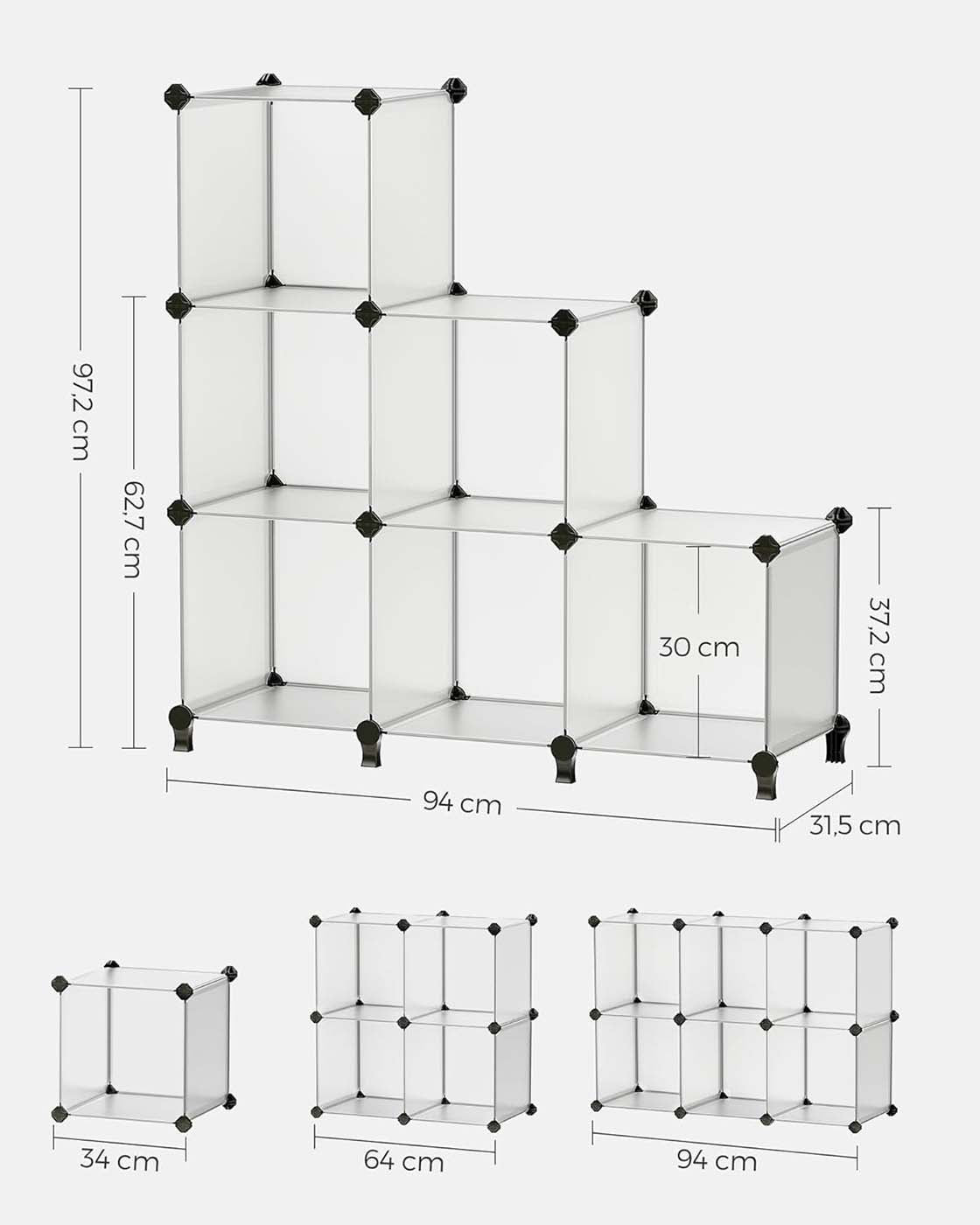 Folding Wardrobe Organiser – Plastic – Black – Large 6-Cube Storage System with Top Metal Grid