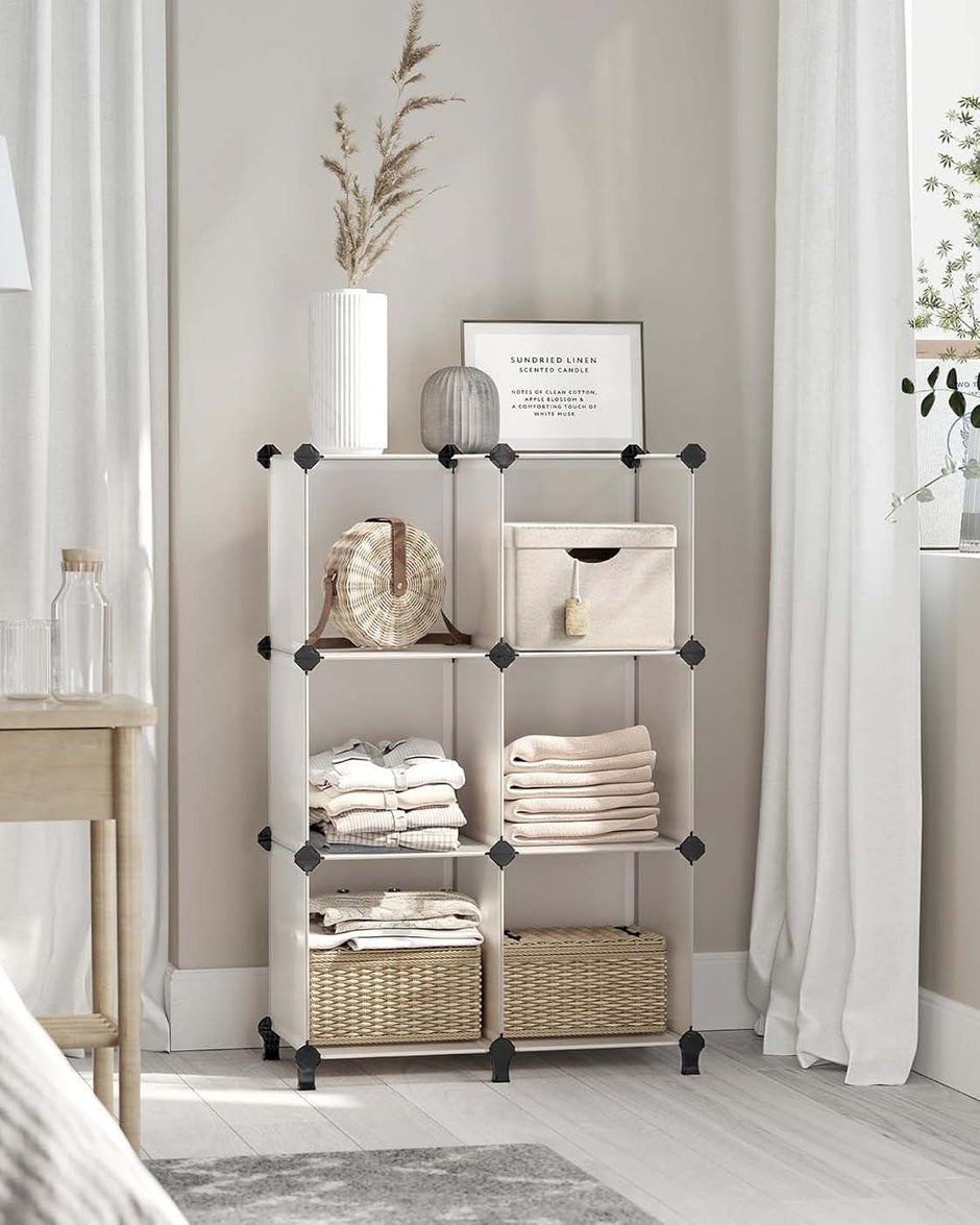 Folding Wardrobe Organiser – Plastic – Black – Large 6-Cube Storage System with Top Metal Grid