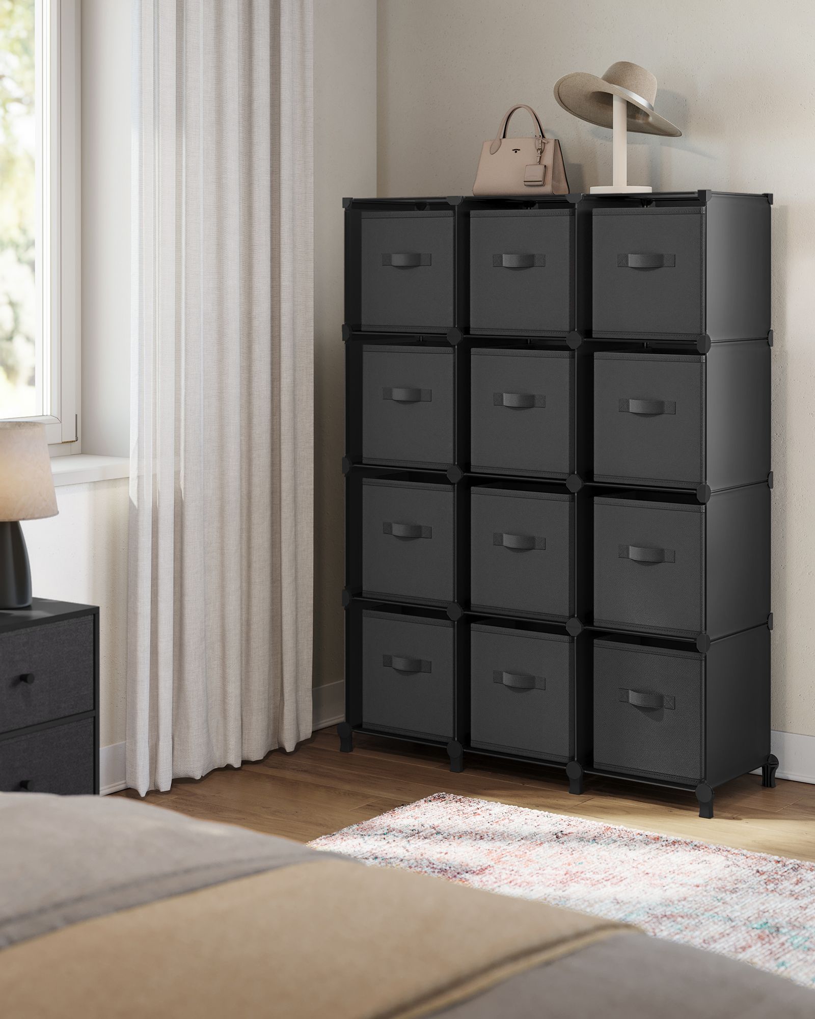 Cube Organiser – Non-Woven Fabric – Ink Black and Dove Grey – Customisable Shape with 12 Storage Boxes